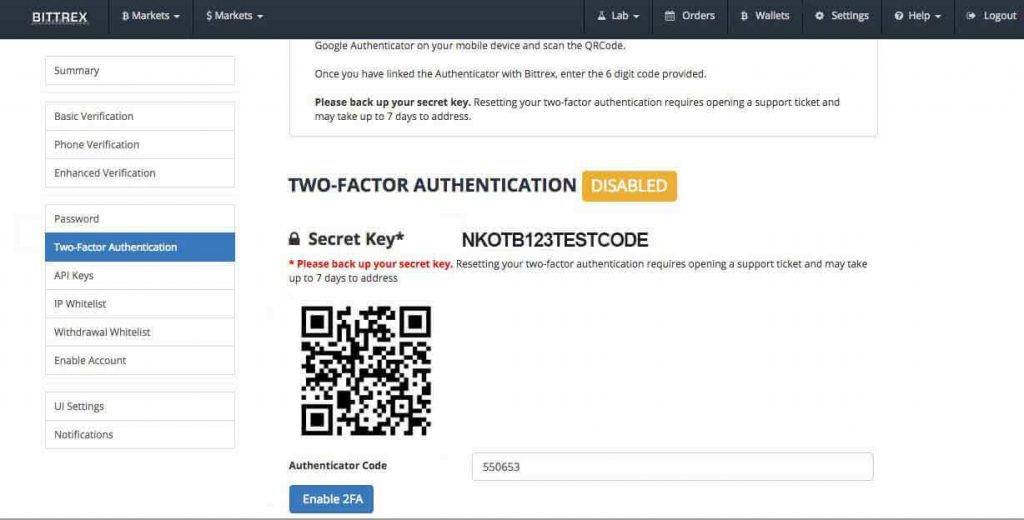 bitrex 2 factor authenticator