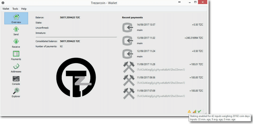 Trezarcoin wallet staking report