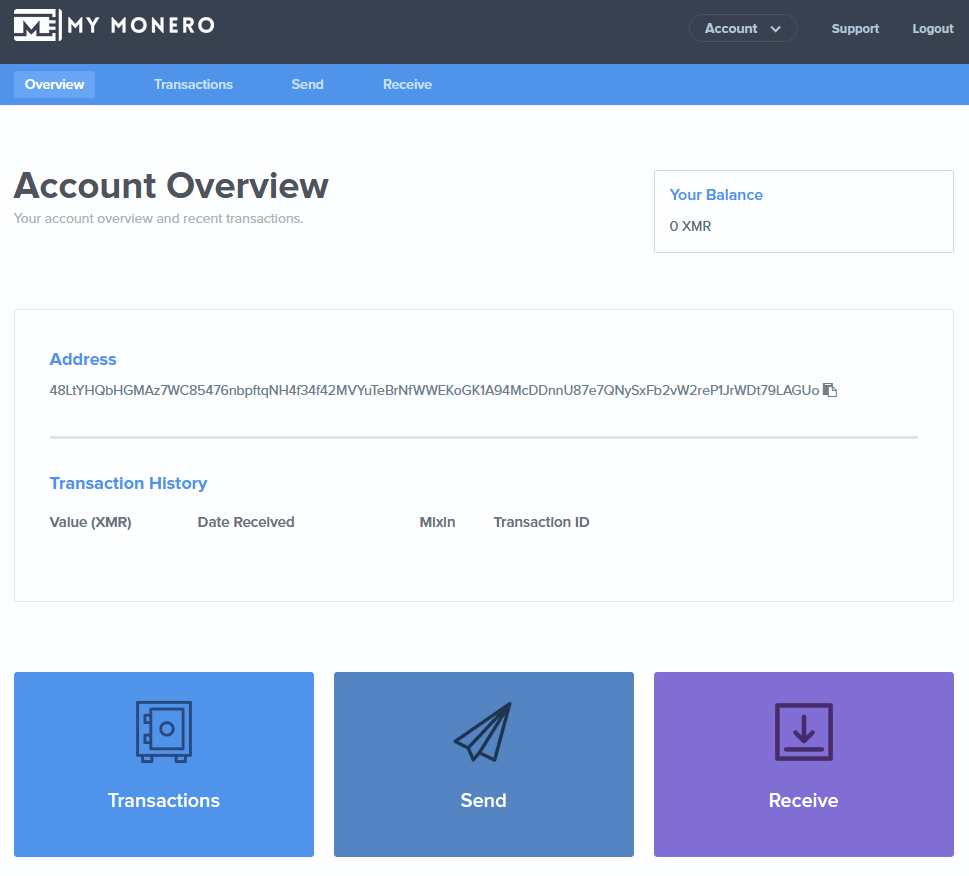 MyMonero account overview screen