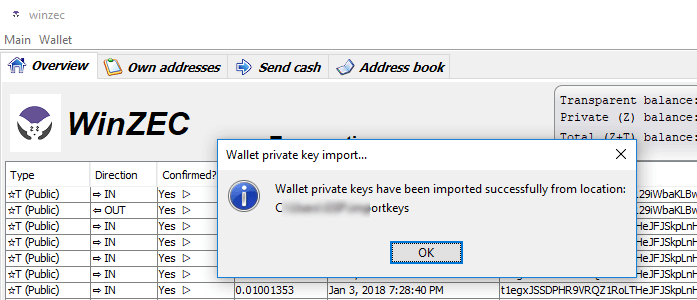 Zcash successful wallet import