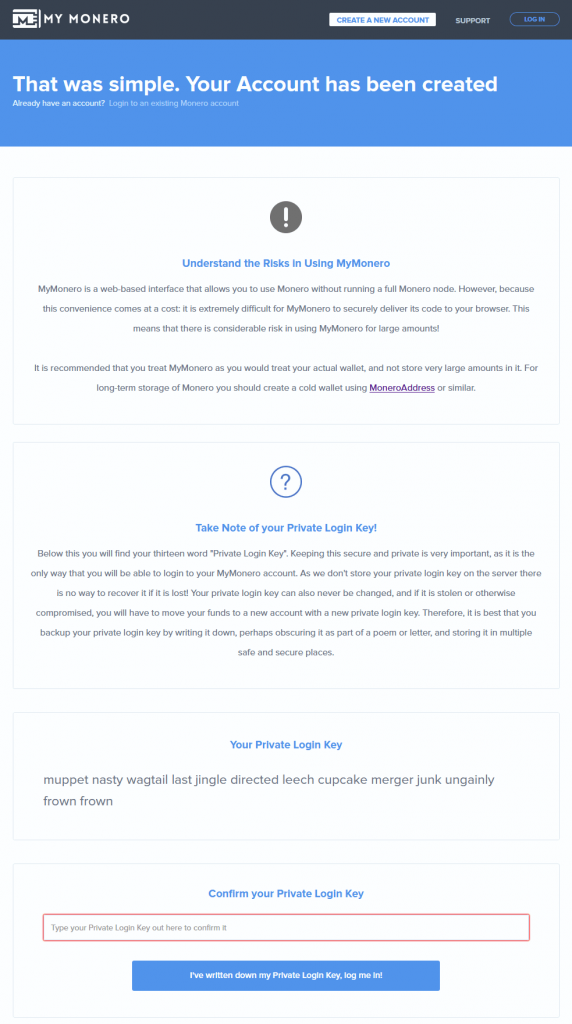 Creating MyMonero account