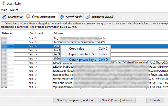 Zcash wallet private keys export