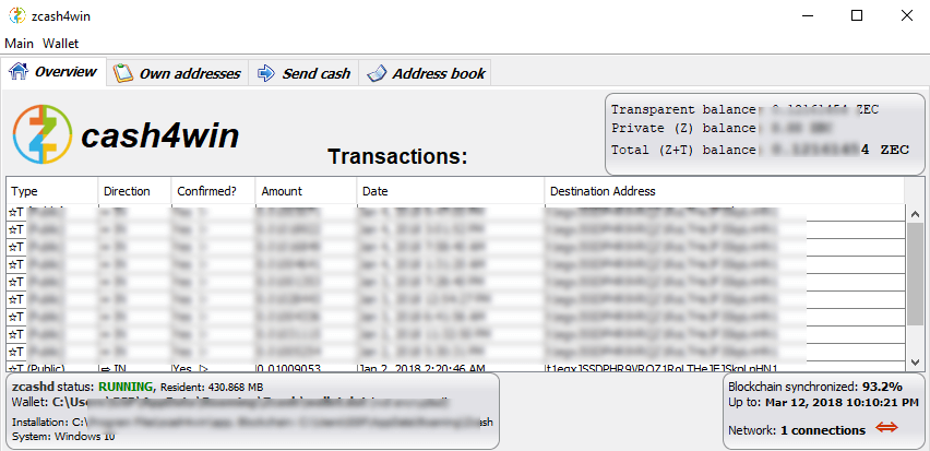 Zcash4win wallet GUI