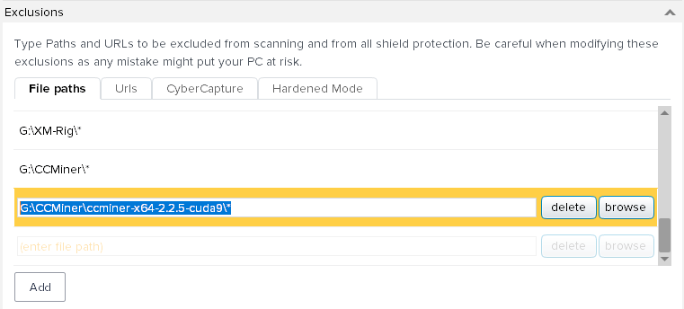 Adding exclusion to ccminer in Avast