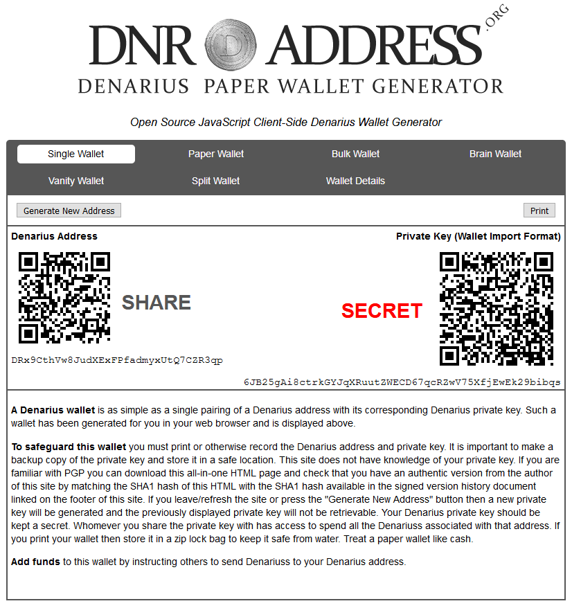 Denarius paper wallet