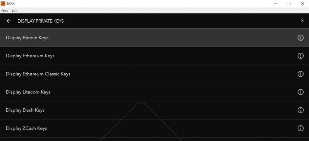 Export private keys to Jaxx