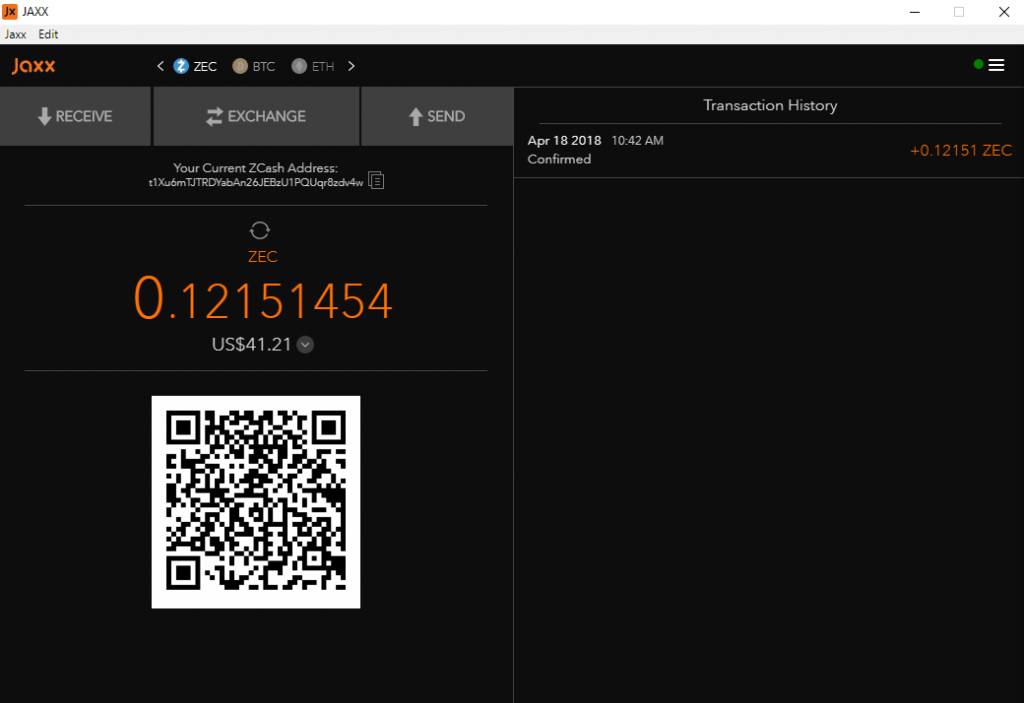 Jaxx wallet interface