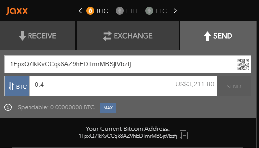 Sending coins using Jaxx wallet