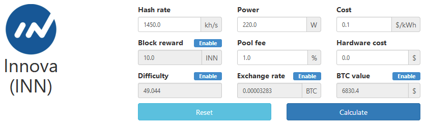 Innova mining calculator