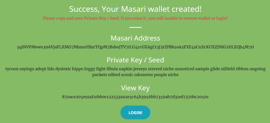 Masari paper wallet