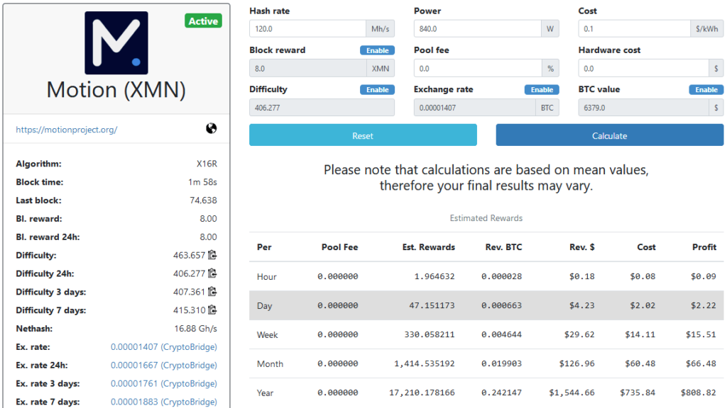 Motion mining calculator