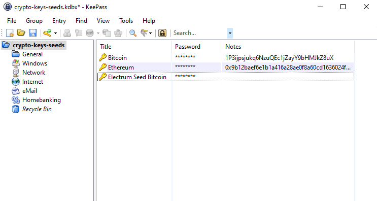 keepass to store private keys / seeds