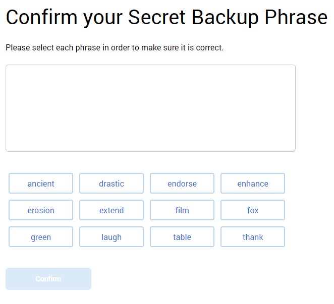 confirm backup phrase