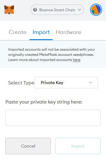 metamask import key