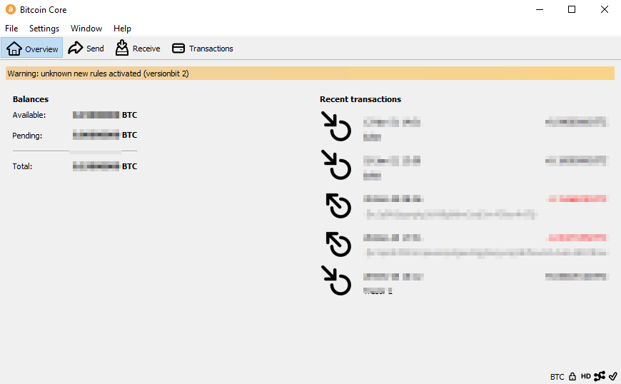 bitcoin core warning